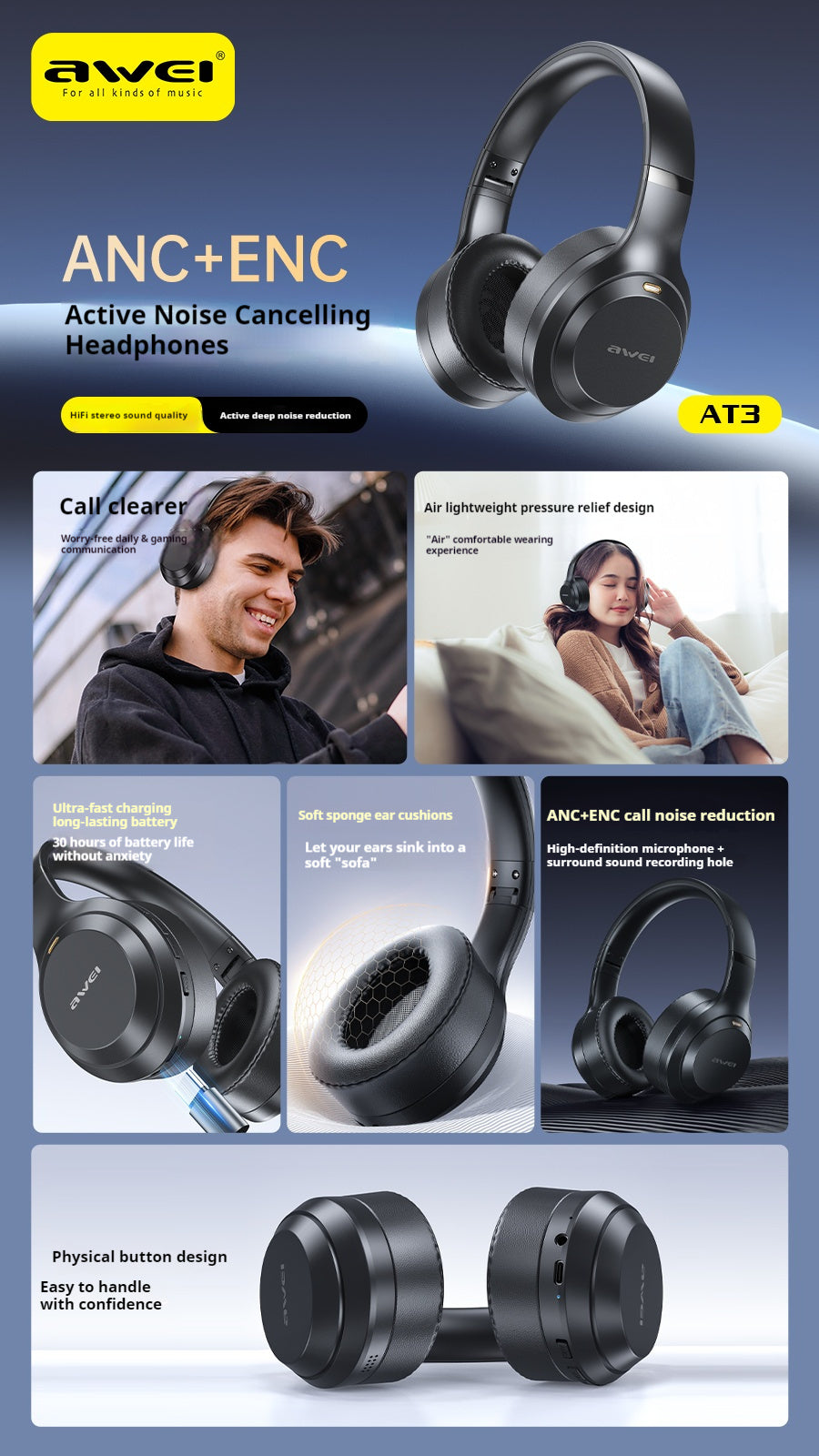 AWEI ANC ENC Hybrid Feed Active Drying-Reducing Bluetooth Headset For Wearing