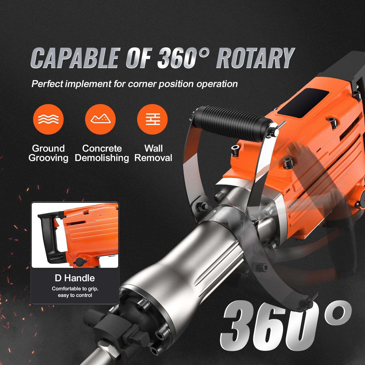 VEVOR Demolition Jack Hammer, 2200W 1400 BPM Jack Hammer Concrete Breaker, Heavy Duty Electric Jack Hammer 6pcs Chisels Bit With Gloves, Swiveling Front Handle For Trenching And Breaking Holes
