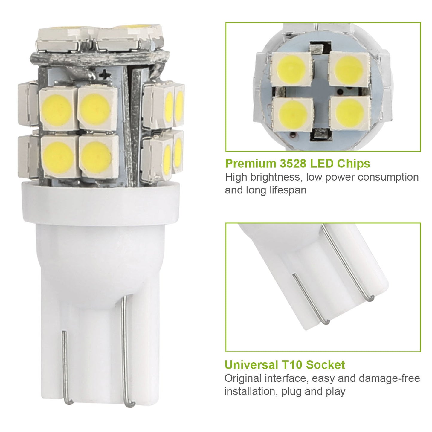 10Pcs 12V T10 LED Light Bulb Wedge Base Interior Dome Map LED Lights License Plate Trunk Side Positioning Lights 6000K White