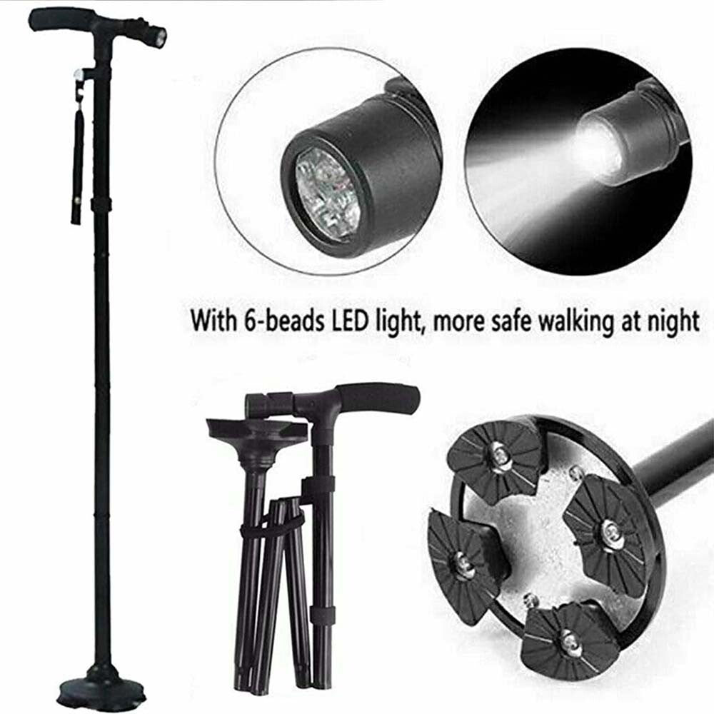 Folding LCD Walking Stick Cane With Flashlight For Senior Aluminium Travel Hiking Cane Trekking Pole Crutch Handle Strap 5 Gears