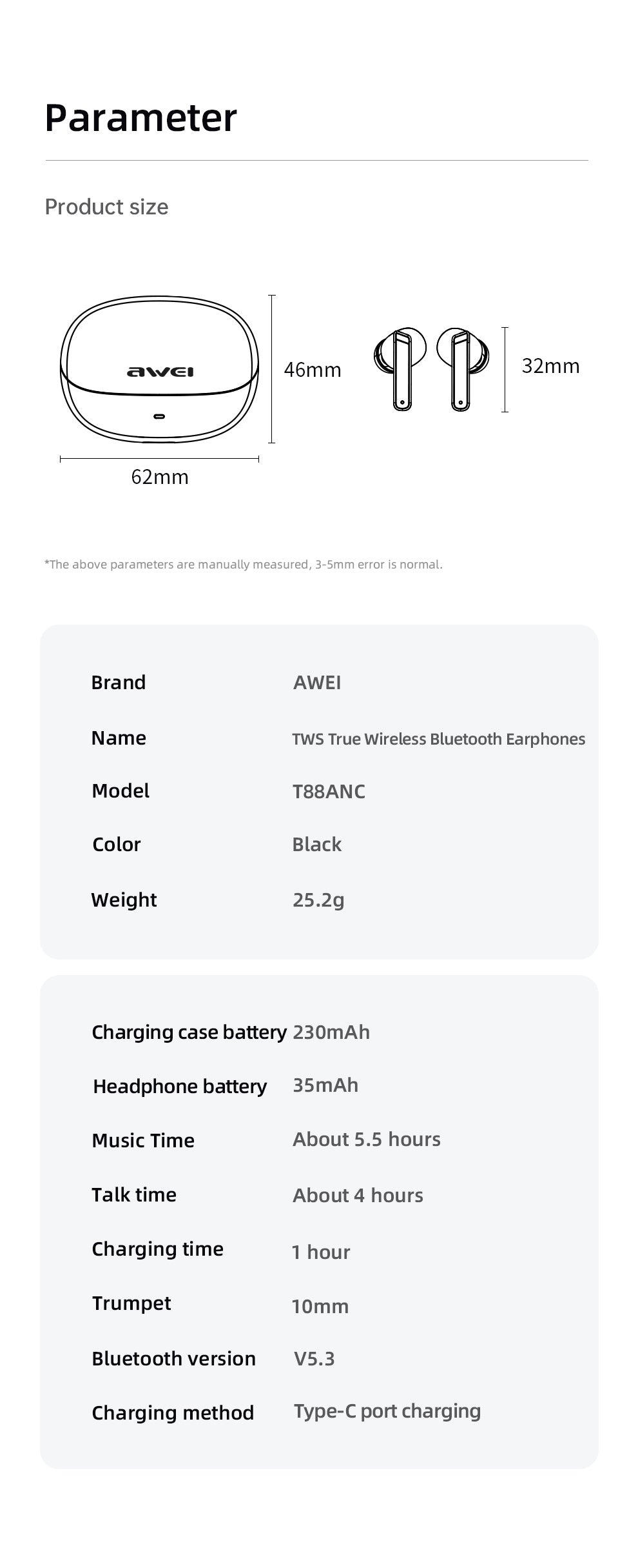 AWEI ANC ENC True Wireless Sports Bluetooth Earphones