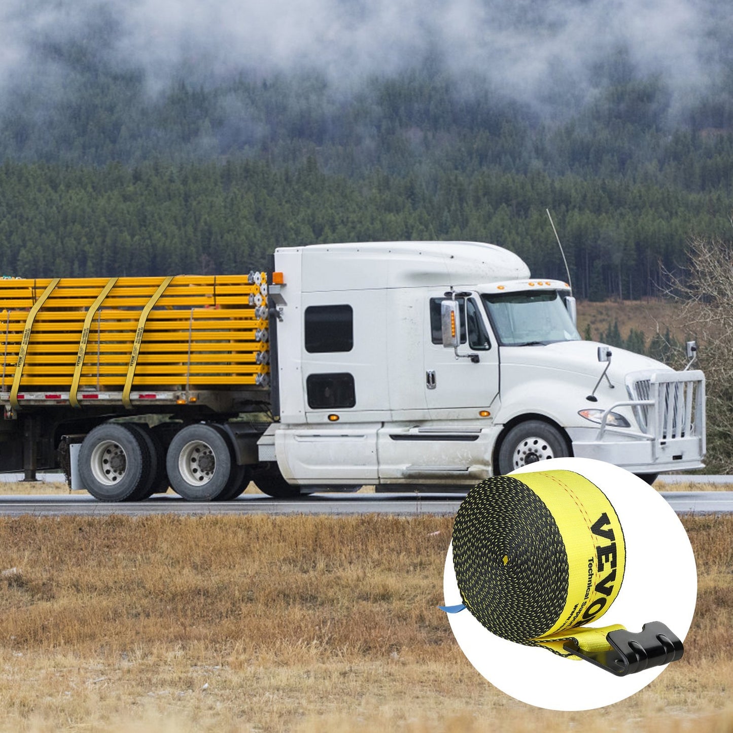 Winch Straps, 6000 Lbs Load Capacity, 18000 Lbs Break Strength, Truck Straps With Flat Hook, Flatbed Tie Downs Cargo Control For Trailers, Farms, Rescues, Tree Saver, Yellow