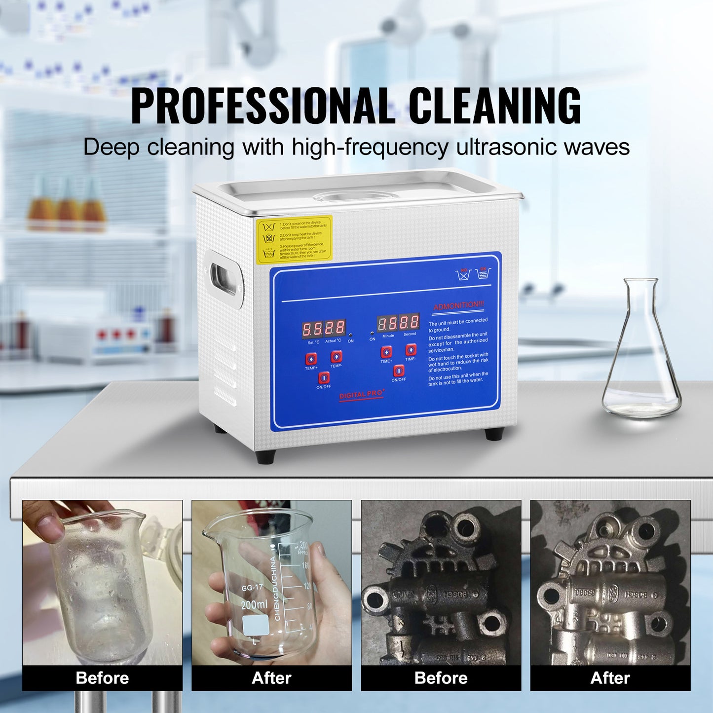 VEVOR Ultrasonic Cleaner With Digital Timer  Heater, Professional Ultra Jewelry Cleaner, Stainless Steel Heated Cleaning Machine For Glasses Watch Rings Small Parts Circuit Board