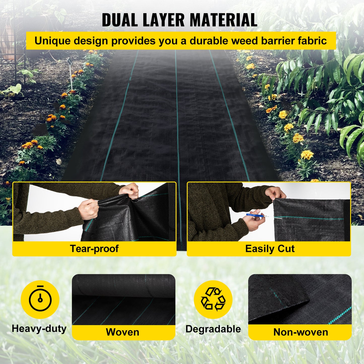 VEVOR Weed Barrier, 5.8oz Landscape Fabric, 3ft X 300ft Cover Mat Heavy Duty Woven Grass Control Geotextile For Garden, Patio, Black