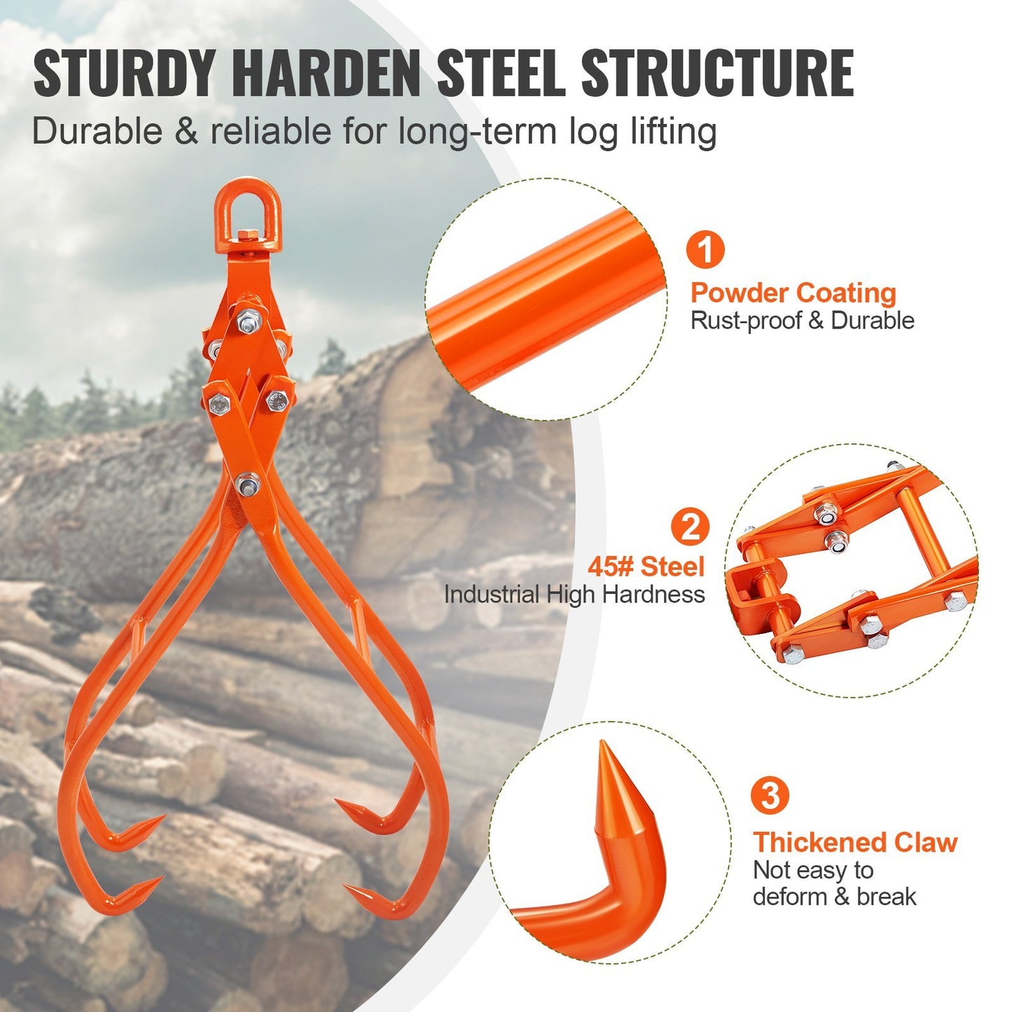 Timber Claw Hook, 36 Inch 4 Claw Log Grapple For Logging Tongs, Swivel Steel Log Lifting Tongs, Eagle Claws Design With 3307 Lbs 1500 Kg Loading Capacity For Tractors, ATVs, Trucks, Forklifts