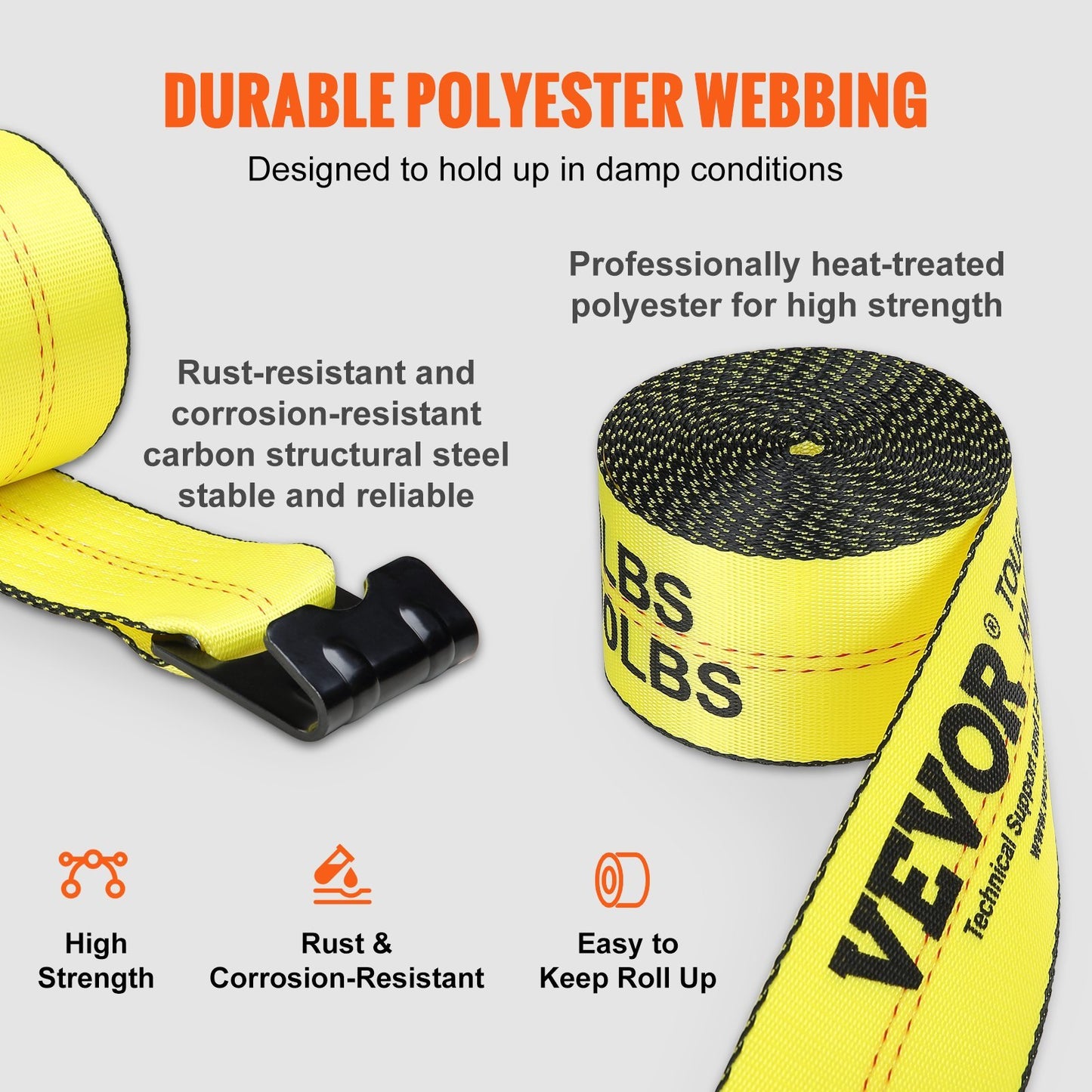 Winch Straps, 6000 Lbs Load Capacity, 18000 Lbs Break Strength, Truck Straps With Flat Hook, Flatbed Tie Downs Cargo Control For Trailers, Farms, Rescues, Tree Saver, Yellow