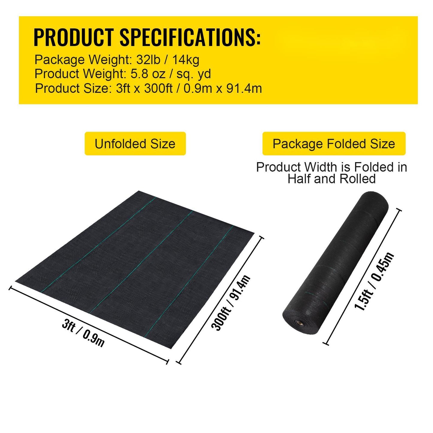 VEVOR Weed Barrier, 5.8oz Landscape Fabric, 3ft X 300ft Cover Mat Heavy Duty Woven Grass Control Geotextile For Garden, Patio, Black