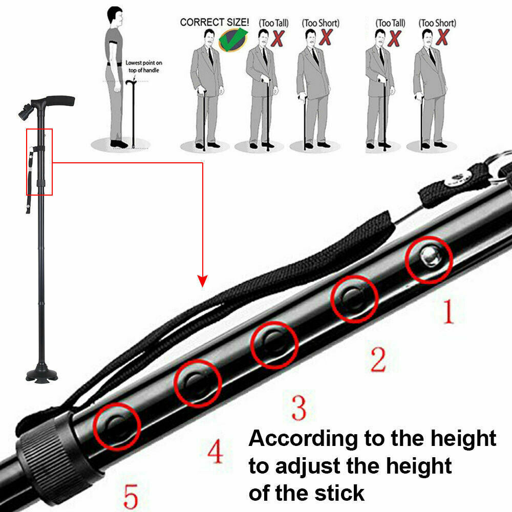 Folding LCD Walking Stick Cane With Flashlight For Senior Aluminium Travel Hiking Cane Trekking Pole Crutch Handle Strap 5 Gears