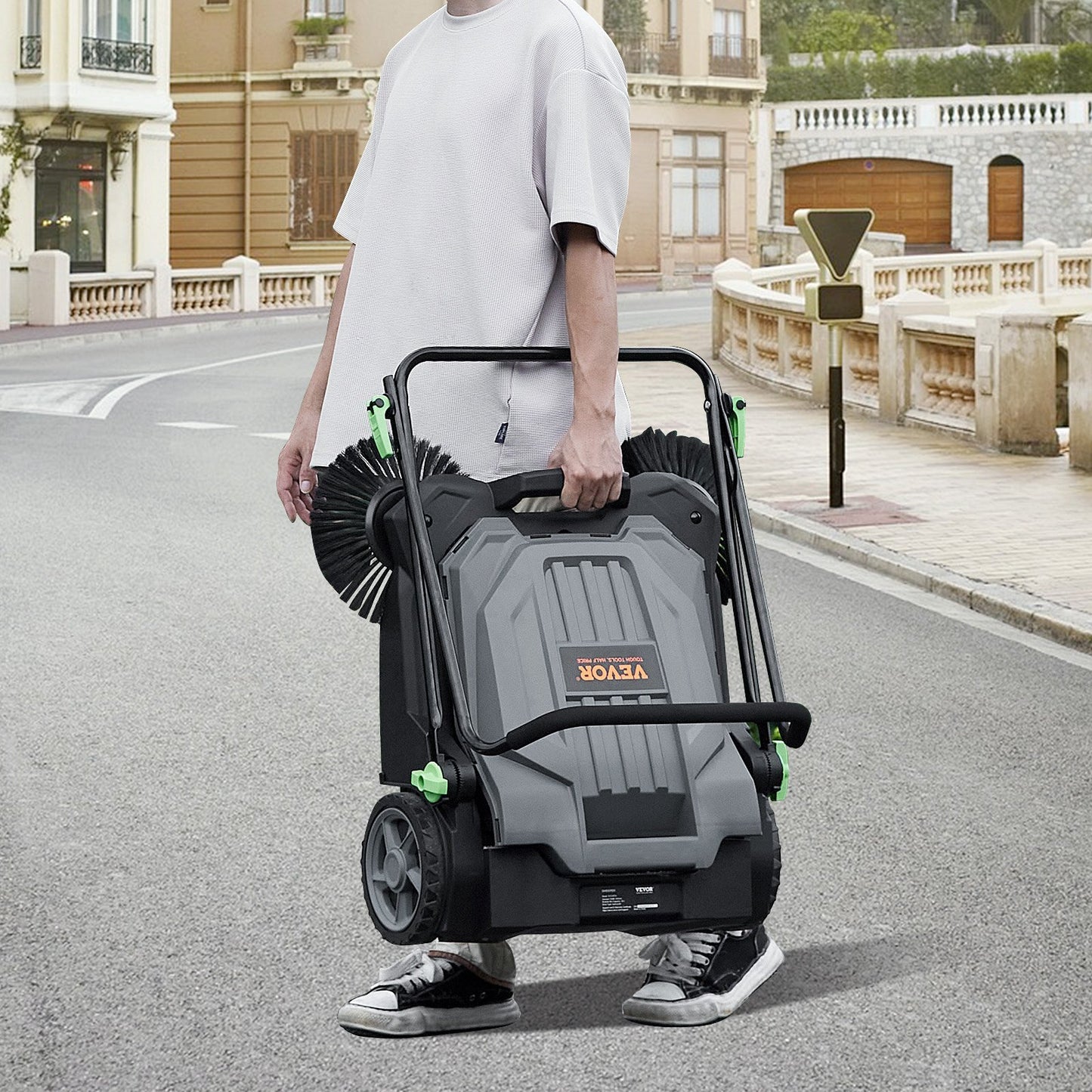 Walk-behind Hand Push Floor Sweeper, Sweeping Width Floor Sweeper Manual Non-Electric, 5-Gallon Waste Container, Angle & Height Adjustable Folding Handle For Walkway, Yard, Garage, Patio