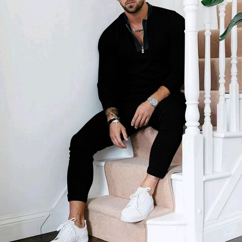 Patchwork Stand-up Collar Half Zipper Casual Suit