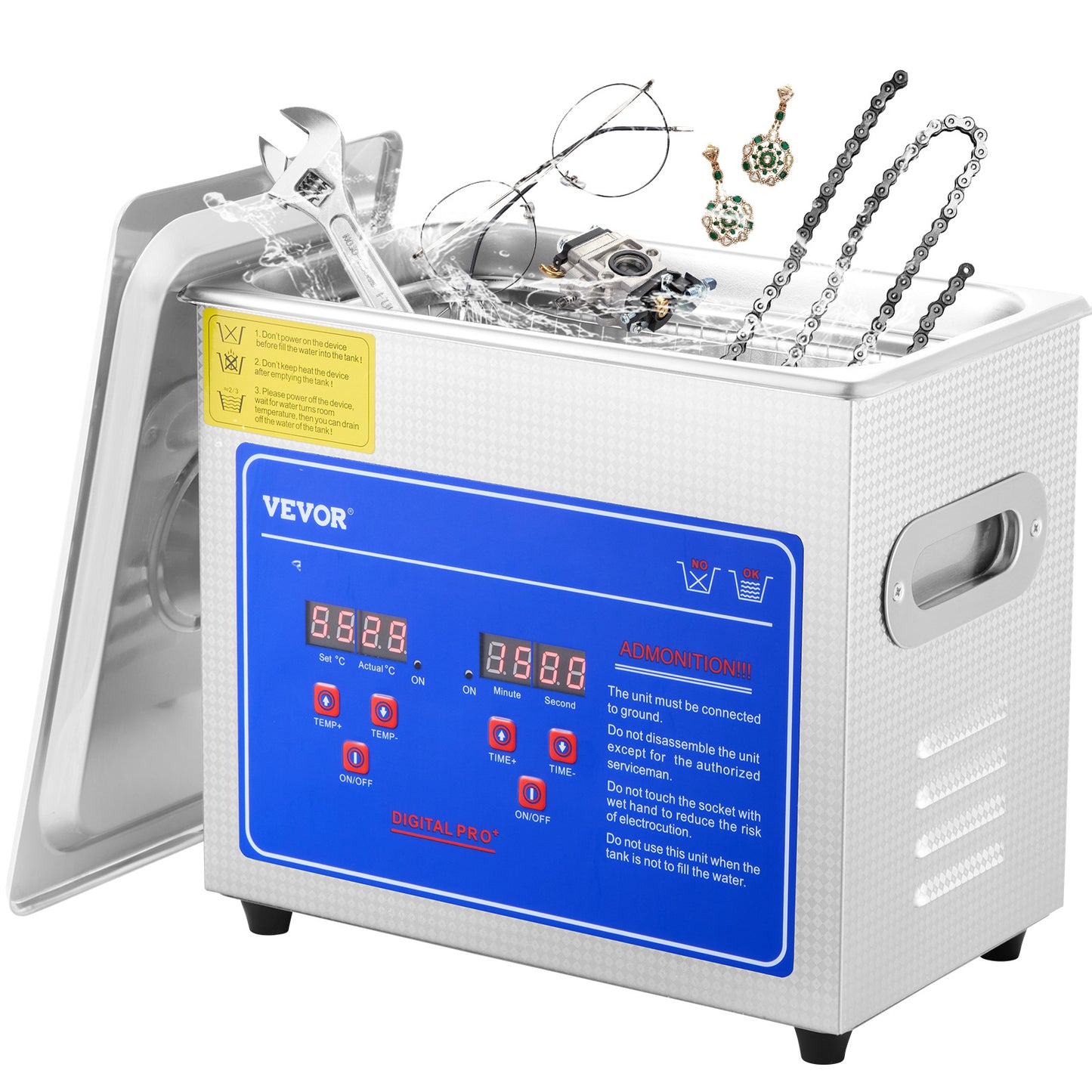 VEVOR Ultrasonic Cleaner With Digital Timer  Heater, Professional Ultra Jewelry Cleaner, Stainless Steel Heated Cleaning Machine For Glasses Watch Rings Small Parts Circuit Board