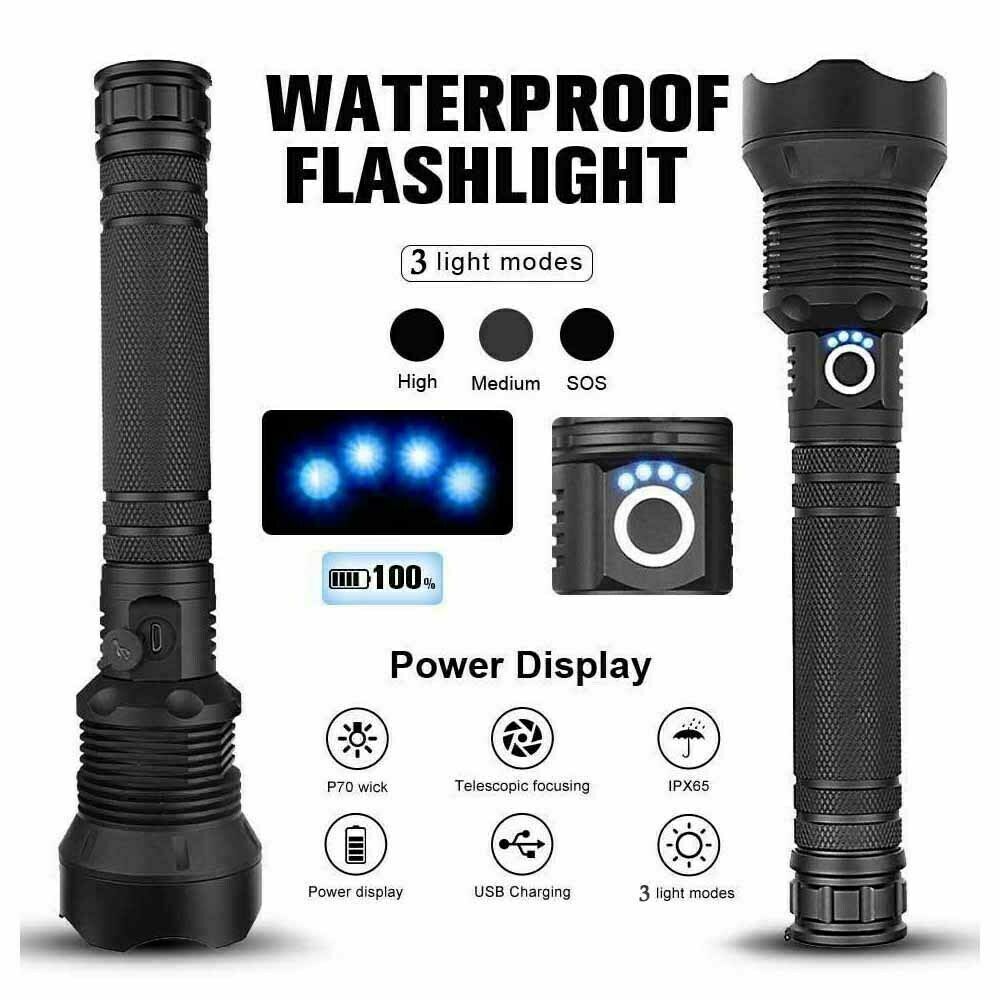 LED Flashlight Zoom USB Rechargeable Super Bright Torch Camping Lamp Work Light