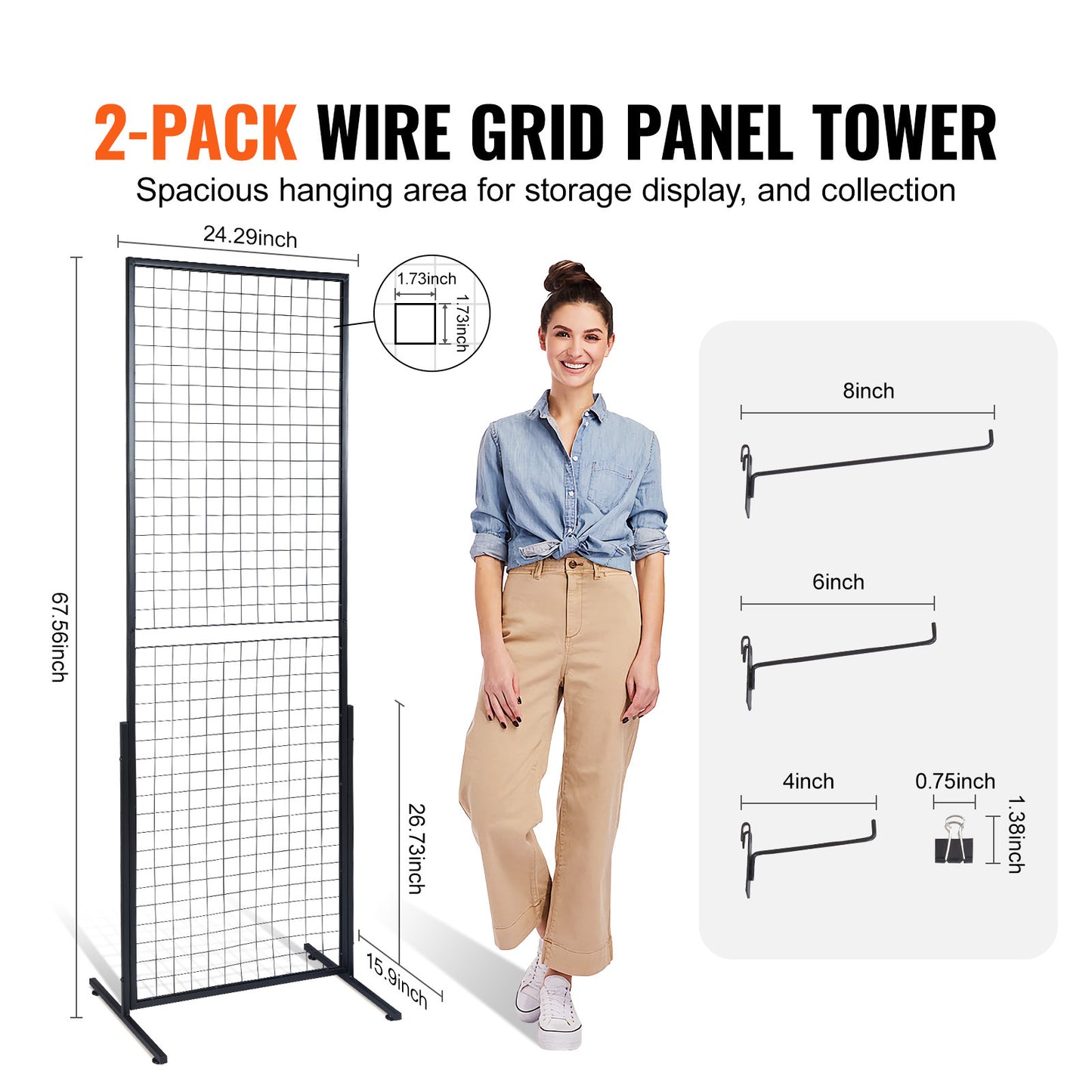VEVOR 2' X 5.6' Grid Wall Panels Tower, 2 Packs Wire Gridwall Display Racks With T-Base Floorstanding, Double Side Gridwall Panels For Art Craft Shows, Retail Display With Extra Clips And Hooks