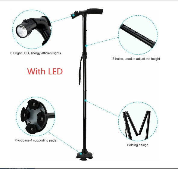Folding LCD Walking Stick Cane With Flashlight For Senior Aluminium Travel Hiking Cane Trekking Pole Crutch Handle Strap 5 Gears