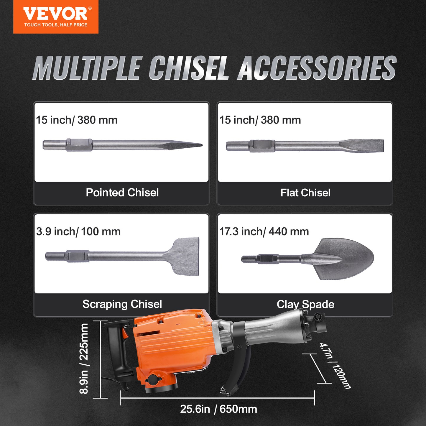 VEVOR Demolition Jack Hammer, 2200W 1400 BPM Jack Hammer Concrete Breaker, Heavy Duty Electric Jack Hammer 6pcs Chisels Bit With Gloves, Swiveling Front Handle For Trenching And Breaking Holes
