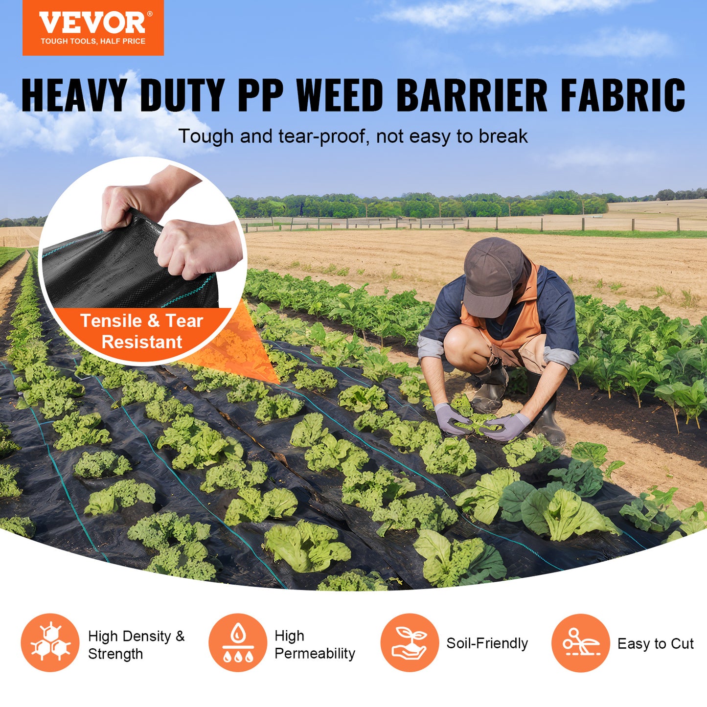 VEVOR 13FTx60FT Premium Heavy Duty Weed Barrier Landscape Fabric, 5OZ Woven Geotextile Fabric Under Gravel, High Permeability For Weed Blocker Weed Mat, Driveway Fabric, Weed Control Garden Cloth