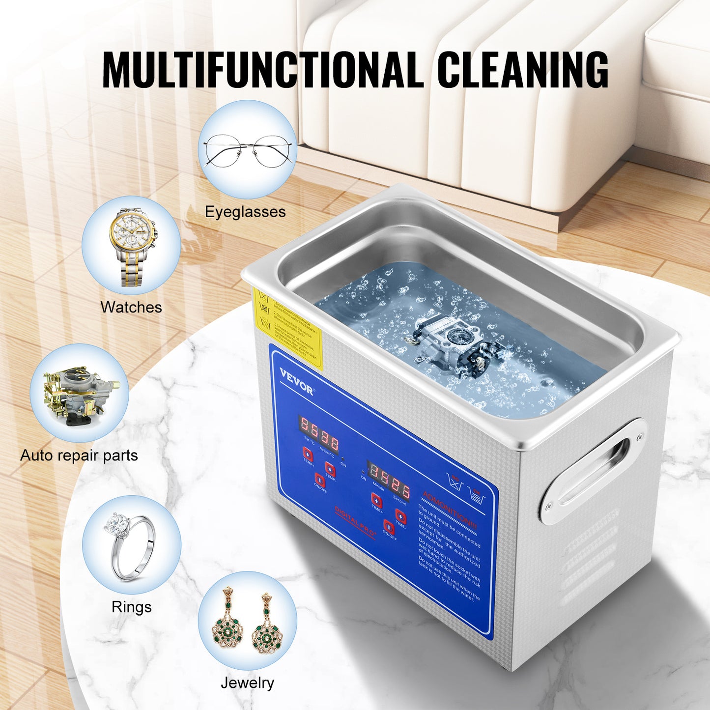 VEVOR Ultrasonic Cleaner With Digital Timer  Heater, Professional Ultra Jewelry Cleaner, Stainless Steel Heated Cleaning Machine For Glasses Watch Rings Small Parts Circuit Board