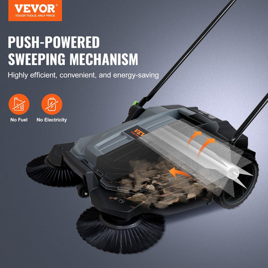 Walk-behind Hand Push Floor Sweeper, Sweeping Width Floor Sweeper Manual Non-Electric, 5-Gallon Waste Container, Angle & Height Adjustable Folding Handle For Walkway, Yard, Garage, Patio