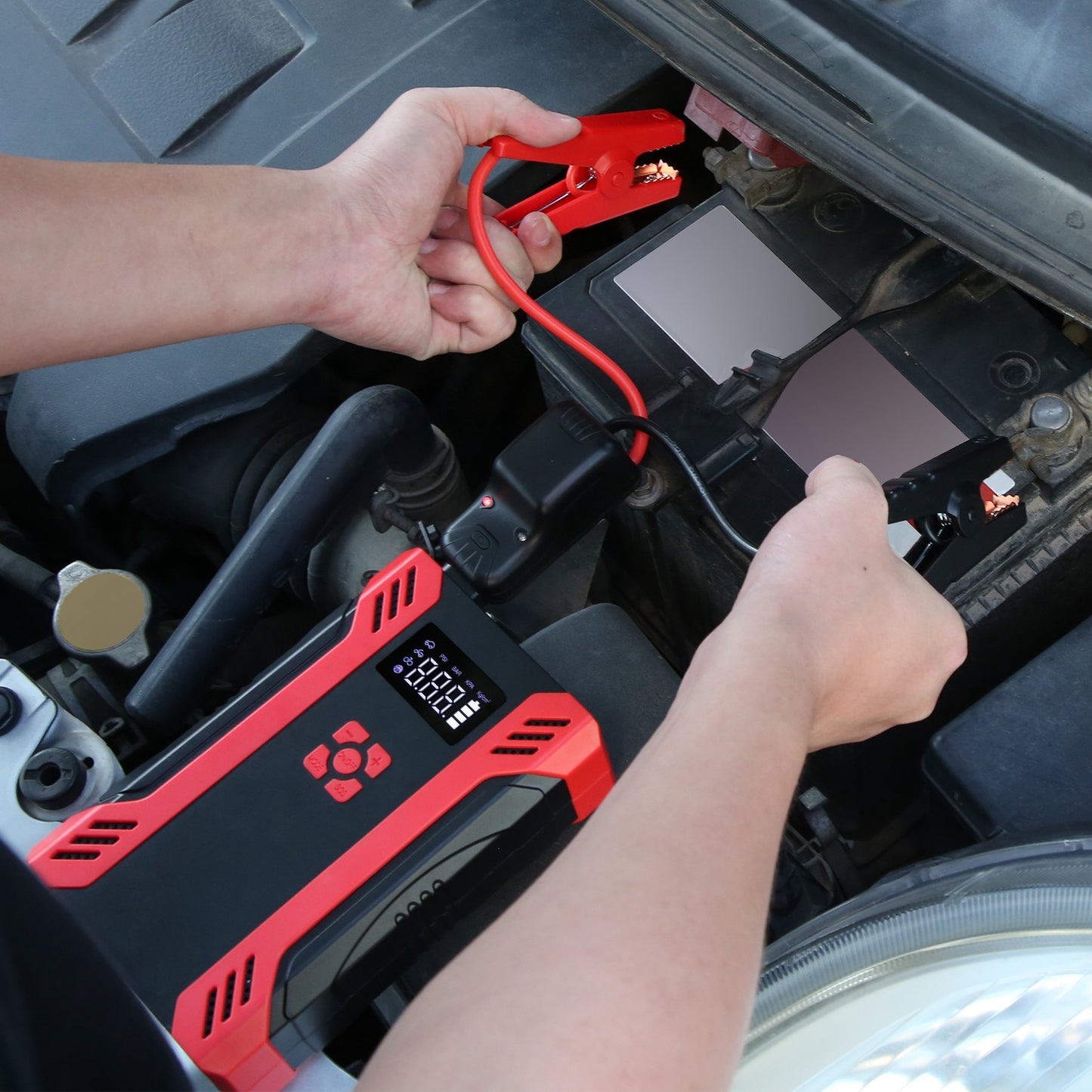1Pc Car Jump Starter With Air Compressor Portable Car Battery Booster With Digital Tire Inflator With 2000mAh Peak Current For 12V Car 6.5L Gas Or 4.0L Diesel Engines