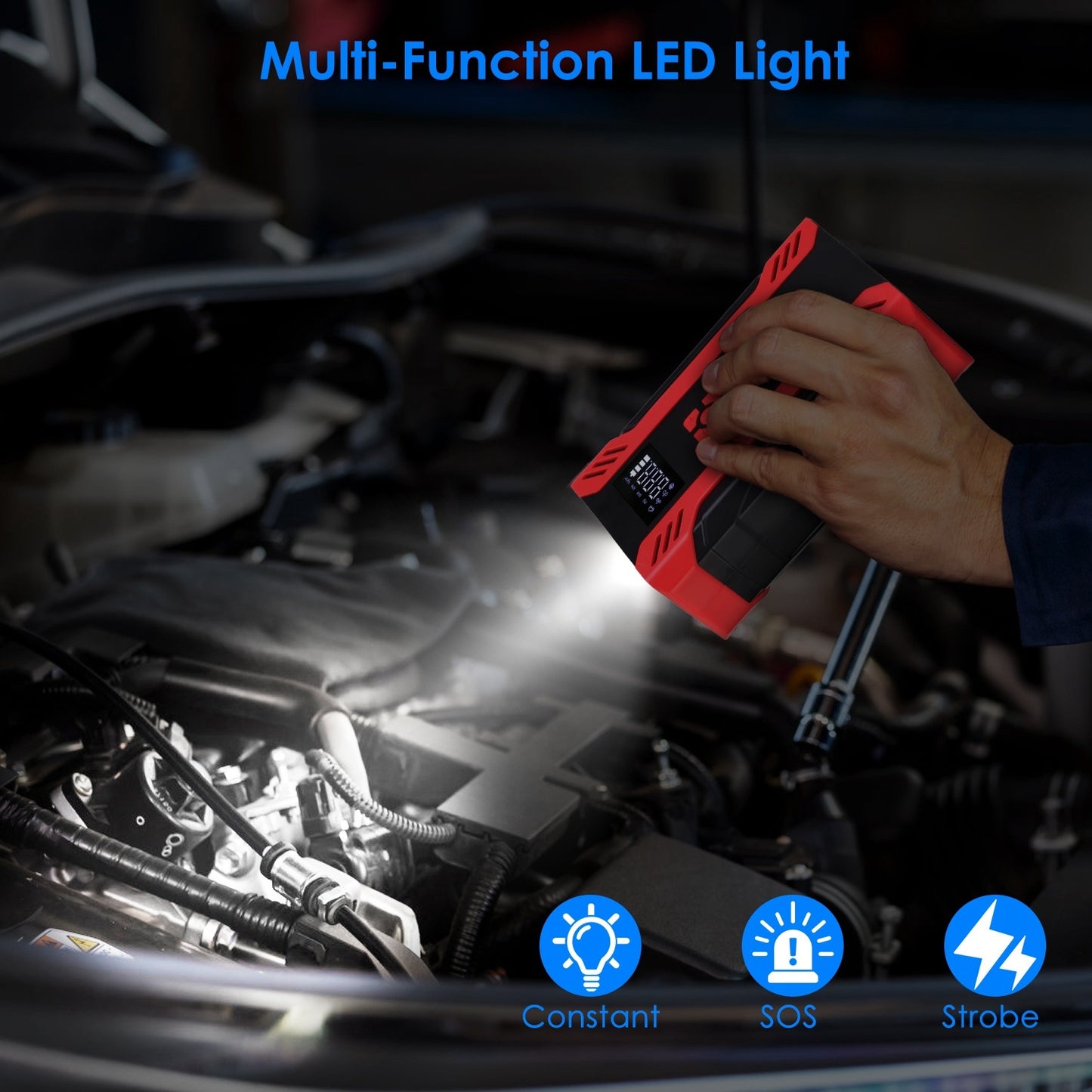 1Pc Car Jump Starter With Air Compressor Portable Car Battery Booster With Digital Tire Inflator With 2000mAh Peak Current For 12V Car 6.5L Gas Or 4.0L Diesel Engines