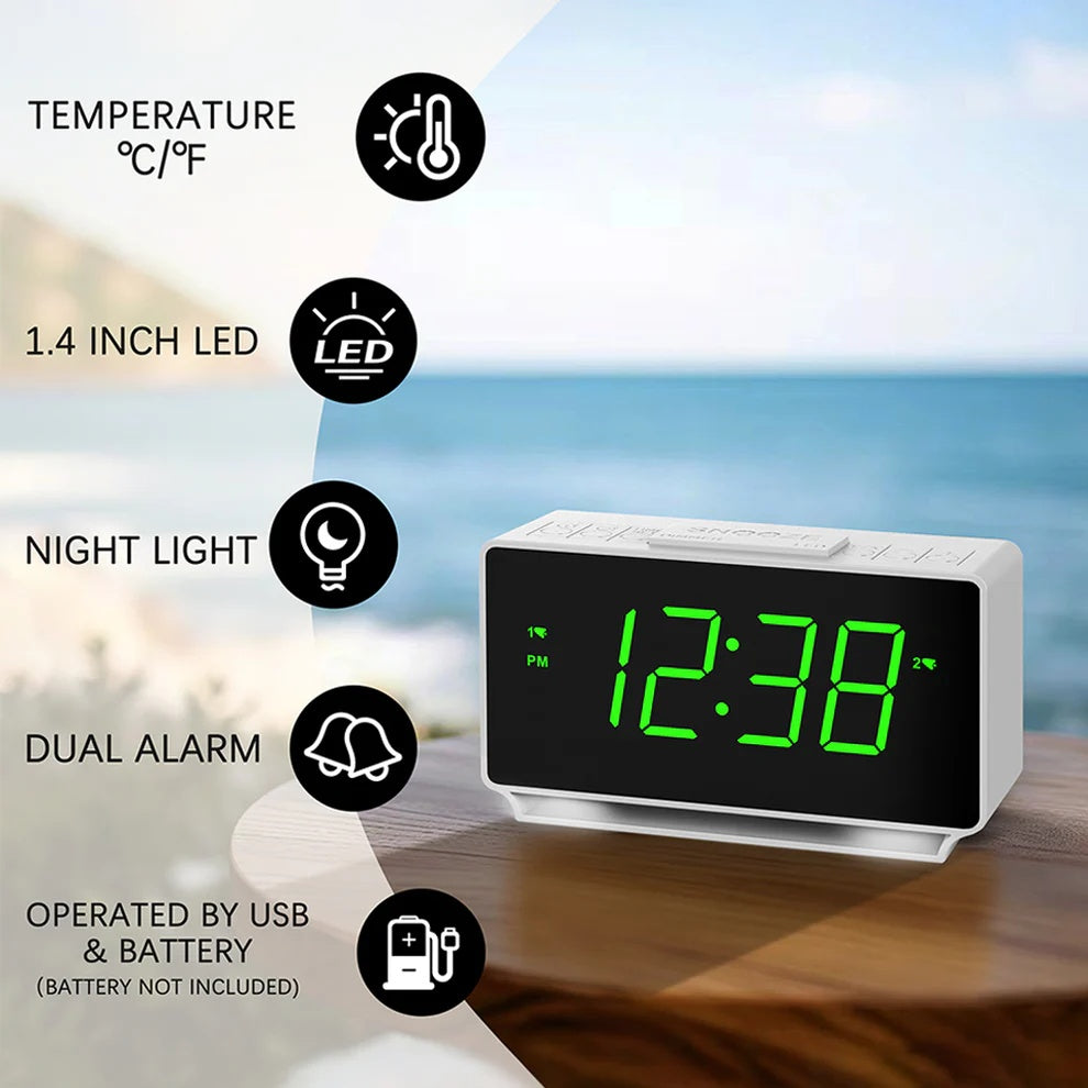 Digital ITOMA 222 Alarm Clock, Dual Alarms With Temperature Display, Snooze,12 24Hr, Night Light And Adjustable Volume, Dimmable, Battery Backup, Portable Small LED Clocks For Bedroom